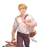  1boy belt blonde_hair collarbone cowboy_shot granblue_fantasy holding long_sleeves looking_to_the_side male_focus minaba_hideo open_mouth pectorals picnic_basket smile vane_(granblue_fantasy) walking white_background 