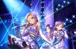  3girls artist_request blue_hair brown_eyes brown_hair dress earrings elbow_gloves flower gloves hair_flower hair_ornament hayami_kanade idolmaster idolmaster_cinderella_girls idolmaster_cinderella_girls_starlight_stage jewelry long_hair looking_at_viewer matsunaga_ryou microphone microphone_stand multiple_girls necklace nitta_minami official_art one_eye_closed short_hair smile stage yellow_eyes 