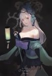  1girl aoandon aqua_nails bare_shoulders breasts character_name collarbone copyright_name echosdoodle holding holding_staff japanese_clothes kimono lantern large_breasts lipstick long_hair makeup nail_polish off_shoulder onmyoji parted_lips signature silver_hair skeleton solo staff violet_eyes 