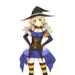  1girl amelie_mcgregor blonde_hair bridal_gauntlets collar dress eyebrows_visible_through_hair hands_on_hips hat long_hair looking_at_viewer mmu official_art smile solo striped striped_legwear thigh-highs transparent_background uchi_no_hime-sama_ga_ichiban_kawaii underbust vertical_stripes witch_hat 