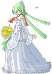  1girl :d ^_^ bare_shoulders bouquet bow breasts closed_eyes closed_mouth detached_sleeves dress eyebrows_visible_through_hair eyelashes facing_away female flower full_body gardevoir green_hair hair_ornament hair_over_one_eye holding holding_bouquet holding_flower lace lace-trimmed_dress leaf long_hair long_sleeves looking_at_viewer low_twintails mamecho_(ageatcosh) medium_breasts no_bra open_mouth personification pokemon pokemon_(creature) pokemon_(game) pokemon_gsc pokemon_hgss pokemon_oras pokemon_rse red_eyes sideboob sidelocks simple_background sleeves_past_wrists smile standing strapless strapless_dress sunflora sunflower tiara twintails wedding_dress white_background white_bow white_dress 