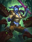  1girl absurdres backpack bag belt blue_lips blue_sclera blue_skin breasts cornered_sentry digitigrade dinosaur draenei glowing glowing_eyes green_sclera hearthstone highres horns jomaro_kindred jungle long_hair looking_at_viewer medium_breasts midriff nature navel official_art open_mouth ponytail purple_hair raptor sharp_teeth shorts solo sword tail teeth warcraft weapon white_pupils world_of_warcraft 