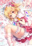  1girl bangs blonde_hair bloomers blush cherry_blossoms eyebrows_visible_through_hair flandre_scarlet frills leg_garter looking_at_viewer lying on_side parted_lips petals puffy_short_sleeves puffy_sleeves red_eyes riichu short_sleeves side_ponytail socks solo stuffed_animal stuffed_bunny stuffed_toy touhou underwear white_legwear wings 