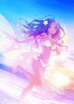  1girl bare_shoulders barefoot bikini black_hair blue_eyes blush breasts carnelian cleavage dutch_angle flower hair_flower hair_ornament long_hair looking_at_viewer medium_breasts ocean open_mouth original side-tie_bikini solo sunset swimsuit water white_bikini 