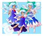  1girl :d ^_^ alphes_(style) blue_eyes bow cirno closed_eyes dairi dark_skin dress flower grin hair_bow hidden_star_in_four_seasons ice ice_wings long_dress multiple_persona open_mouth parody smile socks style_parody tachi-e tan touhou wings 
