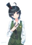  1girl adapted_costume ahoge alternate_costume black_hair blue_eyes emia_wang formal green_pants hat head_tilt kantai_collection matsukaze_(kantai_collection) mini_hat mini_top_hat pant_suit pants short_hair simple_background smile solo suit top_hat upper_body vest white_background 