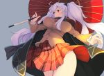  1girl blush breasts eyepatch hair_ornament large_breasts long_hair red_eyes senran_kagura senran_kagura_(series) skirt solo twintails umbrella white_hair yagyuu_(senran_kagura) zibun_owl 