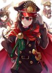  1girl adjusting_clothes adjusting_hat black_clothes black_hair cape chibi deformed demon_archer fate_(series) gloves hair_between_eyes hair_over_shoulder hand_on_hip hat highres katana long_hair looking_at_viewer military military_uniform nonono open_mouth peaked_cap red_eyes sheath sheathed sidelocks sword uniform weapon white_gloves 