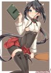  1girl absurdres bike_shorts black_hair blue_eyes blush bow_(weapon) cosplay crossbow flat_chest highres houshou_(kantai_collection) kantai_collection long_hair looking_at_viewer ponytail sazamiso_rx skirt solo taihou_(kantai_collection) taihou_(kantai_collection)_(cosplay) thigh-highs very_long_hair weapon zettai_ryouiki 