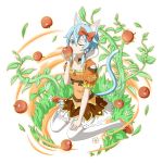  1girl animal_ears apple blue_eyes blue_hair bow breasts cat_ears cat_tail choker cleavage collarbone food fruit full_body hair_between_eyes hair_bow hair_ribbon hand_on_lap highres holding holding_fruit kneeling looking_at_viewer one_eye_closed orange_shirt red_bow red_ribbon ribbon shinon_(sao-alo) shirt short_hair_with_long_locks short_sleeves sidelocks simple_background skirt small_breasts solo sword_art_online tail thigh-highs white_background white_legwear 