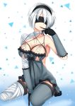 1girl bandaged_arm bandaged_leg bangs black_hairband blue_dress bra braid cosplay dress hairband highres kaine_(nier) kaine_(nier)_(cosplay) katou_shinobu mole mole_under_mouth nier nier_(series) nier_automata ribbon short_hair silver_hair solo underwear yorha_no._2_type_b