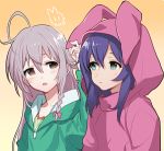  2girls :o :| adjusting_another&#039;s_clothes ahoge animal_ears animal_hood aqua_eyes artist_name blue_hair blush braid closed_mouth collarbone cosplay expressionless eye_contact fake_animal_ears fingernails gradient gradient_background grey_eyes grey_hair hair_between_eyes hair_ornament hair_ribbon hood hooded_jacket hoshi_shouko idolmaster idolmaster_cinderella_girls idolmaster_million_live! jacket kigurumi long_hair long_sleeves looking_at_another looking_to_the_side lowres medium_hair mochizuki_anna multiple_girls open_mouth pink_ribbon rabbit_ears ribbon rod_(rod4817) shiny shiny_hair signature simple_background single_braid tareme triangle_mouth two-tone_background upper_body yellow_background zipper 