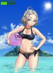  1girl ahoge belly_chain bikini black_bikini blue_eyes breasts cleavage contrapposto copyright_name dragon_quest dragon_quest_x earrings front-tie_bikini front-tie_top gem gluteal_fold hand_on_hip island jewelry large_breasts navel necklace ocean riin_(dq) riin_(dq10) short_hair side-tie_bikini silver_hair smile solo stomach swimsuit ur_(wulfa) wading water watermark web_address wet 