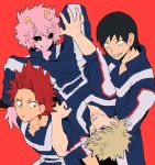  1girl 3boys abaraya ashido_mina bakugou_katsuki black_hair black_sclera blonde_hair boku_no_hero_academia carrying horns jacket kirishima_eijirou multiple_boys pants pink_hair pink_skin red_eyes redhead sero_hanta smile spiky_hair teeth track_jacket track_pants track_suit 