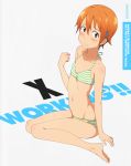  1girl barefoot bikini blush copyright_name cover fake_cover flat_chest green_bikini groin highres inami_mahiru midiman navel orange_eyes orange_hair short_hair sitting solo striped striped_bikini swimsuit wariza working!! 