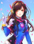  1girl animal_print arm_at_side bangs black_eyes blue_background blue_bodysuit blush bodysuit breasts brown_hair bunny_print cherry_blossoms closed_mouth d.va_(overwatch) eyebrows_visible_through_hair facepaint gloves gradient gradient_background headset long_hair looking_at_viewer medium_breasts one_eye_closed overwatch petals pointing pointing_up ribbed_bodysuit ruuto-kun screen smile solo speedpaint swept_bangs teenage upper_body whisker_markings white_gloves 