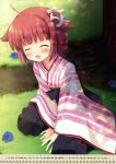  1girl :d ^_^ absurdres ahoge animal_ears arm_support auburn_hair bangs blue_flower blue_rose blush bob_cut bow character_request cherry_blossom_print closed_eyes copyright_request dappled_sunlight day dog_ears dot_nose ear_ribbon eyebrows_visible_through_hair facing_viewer flat_chest flower grass happy highres japanese_clothes kimono leaning_forward miyasaka_miyu obi open_mouth outdoors raised_eyebrows ribbon rose sash short_hair sitting smile solo sunlight text translation_request tree tree_shade under_tree v_arms wariza white_ribbon wide_sleeves 
