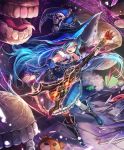  1girl artist_request asymmetrical_legwear blue_hair boots broken broken_floor broken_glass cygames detached_sleeves electric_guitar fang frills fur_trim glass guitar hair_over_one_eye hat instrument long_hair multicolored_hair official_art plank remi_and_rami shadowverse shingeki_no_bahamut stuffing tongue tongue_out torn_clothes very_long_hair violet_eyes witch_hat 