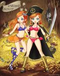  2girls bangs belly_chain bikini blue_bikini blue_eyes butterfly_hair_ornament coin cross-laced_footwear dragon_quest dragon_quest_x earrings flag full_body gold hair_ornament hat jewelry long_hair looking_at_viewer looking_back multiple_girls orange_hair pink_bikini pirate pirate_hat rizerotta_(dq10) rukoria_(dq10) sarong skeleton skull_and_crossbones sleeping standing swept_bangs swimsuit sword treasure treasure_chest ur_(wulfa) weapon 