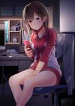  1girl between_legs blurry blush book book_stack bookshelf breasts brown_eyes brown_hair byte_(allbyte) chair depth_of_field desk hand_between_legs highres indoors jacket medium_breasts original short_hair sitting thighs track_jacket track_suit 