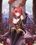  1girl ahoge bare_shoulders boots breasts cleavage dagger elbow_gloves eyebrows_visible_through_hair flower gloves hair_ornament looking_at_viewer lunacle medium_breasts original parted_lips redhead rose short_hair sitting smile solo tagme thigh-highs thigh_boots violet_eyes weapon 