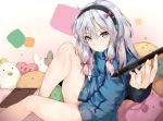  1girl absurdres bare_legs barefoot blue_eyes blush bow drawing_tablet eromanga_sensei hair_bow hairband highres hplay izumi_sagiri jacket long_hair looking_at_viewer messy_hair pink_bow silver_hair solo stuffed_animal stuffed_toy stylus twitter_username yes-no_pillow 