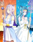  2girls azu bare_shoulders blue_eyes blue_hair bridal_gauntlets detached_sleeves dragon_girl dragon_quest dragon_quest_x dress earrings estella_(dq10) fina_(dq10) fire hand_on_own_chest headpiece highres horns jewelry long_hair looking_at_viewer mole mole_under_eye multiple_girls necklace pointy_ears purple_hair ribbon sash staff tiara water wavy_hair white_dress yellow_eyes yellow_ribbon 