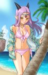  1girl beach bikini bikini_under_clothes blush breasts cleavage dragon_quest dragon_quest_x earrings embarrassed estella_(dq10) front-tie_bikini front-tie_top headpiece hood hoodie horns jewelry long_hair looking_at_viewer medium_breasts necklace ocean open_clothes open_hoodie palm_tree pink_bikini pointy_ears purple_hair scales side-tie_bikini sleeves_past_wrists smile solo swimsuit tree ur_(wulfa) wind yellow_eyes 