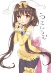  1girl animal_ears arm_warmers black_legwear bow brown_hair cowboy_shot emo_(mikan) flower_knight_girl frills hair_bow helenium_(flower_knight_girl) leotard long_hair looking_at_viewer pantyhose pink_bow rabbit_ears solo tears twintails white_background yellow_bow yellow_eyes yellow_leotard 