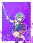  1girl asymmetrical_clothes bare_shoulders blue_eyes boots breasts circlet curly_hair dragon_quest dragon_quest_iv gloves green_hair heroine_(dq4) looking_at_viewer looking_back medium_breasts open_mouth shield smile solo standing sword tamago_tomato weapon 