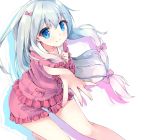  1girl blue_eyes blush bow closed_mouth collarbone eromanga_sensei hamaru_(s5625t) izumi_sagiri long_hair long_sleeves looking_at_viewer pink_bow pink_ribbon pink_shirt pink_shorts ribbon shirt shorts silver_hair simple_background solo very_long_hair white_background 