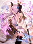  1girl arched_back armpits bare_shoulders black_legwear blue_eyes braid breasts doraf elbow_gloves gloves granblue_fantasy hair_ornament hair_over_one_eye horns large_breasts lavender_hair lips long_hair looking_at_viewer lowres narumeia_(granblue_fantasy) ogino_(oginogino) pointy_ears single_braid single_elbow_glove single_thighhigh thigh-highs thigh_strap 