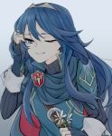  1girl armor blue_eyes blue_hair breastplate cape fingerless_gloves fire_emblem fire_emblem:_kakusei flower gloves long_hair looking_at_viewer lucina one_eye_closed pauldrons simple_background solo solo_focus 
