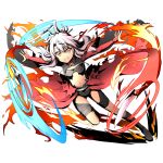  1girl archer archer_(cosplay) black_boots black_shorts boots bridal_gauntlets chloe_von_einzbern cosplay dark_skin divine_gate fate/kaleid_liner_prisma_illya fate_(series) flat_chest floating_hair full_body grin hair_between_eyes highres long_hair looking_at_viewer midriff navel orange_eyes outstretched_arms pink_hair shadow short_shorts shorts smile solo stomach sword transparent_background ucmm weapon 
