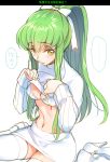  ... 1girl alternate_costume alternate_hairstyle bangs blush bow bra breasts c.c. cleavage closed_mouth clothes_lift code_geass creayus embarrassed eyebrows_visible_through_hair green_hair hair_bow high_heels legs_apart lifted_by_self long_hair long_sleeves looking_at_viewer medium_breasts miniskirt navel ponytail shiny shiny_skin shoes sidelocks sketch skindentation skirt sleeves_past_wrists solo speech_bubble spoken_ellipsis stomach sweater sweater_lift thigh-highs translation_request underwear undressing very_long_hair white white_bra white_legwear white_shoes white_skirt yellow_eyes zettai_ryouiki 