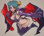  1girl aqua_hair armlet boots breasts cape carrera cleavage crop_top demon_horns demon_tail elbow_gloves foreshortening fushoku gloves grey_background high_heel_boots high_heels horns looking_at_viewer medium_breasts open_mouth panties pointy_ears purple_boots purple_gloves purple_panties red_eyes short_hair sideboob sidelocks skull_necklace smile solo tail thigh-highs thigh_boots underwear viper_gts 