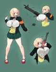  1girl absurdres armband bazooka between_breasts blonde_hair blush breasts brown_hair bursting_breasts cleavage commentary explosive eyebrows_visible_through_hair green_background grenade highres huge_breasts kion-kun legs looking_at_viewer m60 machine_gun open_mouth original red_eyes short_hair simple_background skirt smile solo standing sweater_vest thighs weapon 