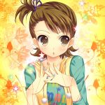  :o blush brown_eyes brown_hair chestnut_mouth eyebrows_visible_through_hair idolmaster looking_away lowres mitsumomo_mamu open_mouth short_hair star yellow_background 