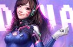  1girl adapted_costume animal_print asian bangs bodysuit breasts brown_eyes brown_hair bunny_print character_name clenched_hand d.va_(overwatch) eyelashes facepaint facial_mark gloves h.a_(skfnxh5681) headphones high_collar highres lips long_hair looking_at_viewer overwatch pilot_suit pink_lips purple_background realistic ribbed_bodysuit shoulder_pads skin_tight small_breasts smile solo swept_bangs upper_body whisker_markings white_gloves 