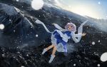  1girl :d black_eyes blue_dress bobby_socks dress flying full_body highres juliet_sleeves lavender_hair letty_whiterock long_sleeves mountain open_mouth outstretched_arms puffy_sleeves scarf short_hair smile snowing socks solo spread_arms suna_(s73d) sunlight touhou white_legwear white_scarf 