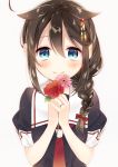  1girl arms_at_sides bangs beige_background blue_eyes blush braid brown_hair closed_mouth eyebrows_visible_through_hair flower hair_between_eyes hair_flaps hair_ornament holding holding_flower jewelry kantai_collection looking_at_viewer naoto_(tulip) neckerchief pink_flower red_neckerchief red_rose remodel_(kantai_collection) ring rose shigure_(kantai_collection) short_sleeves side_braid simple_background single_braid smile solo tareme upper_body 
