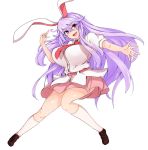  1girl :d animal_ears bangs blush breasts commentary_request full_body highres huge_breasts long_hair looking_at_viewer miniskirt necktie open_mouth pink_eyes pink_skirt puffy_short_sleeves puffy_sleeves purple_hair rabbit_ears red_necktie reisen_udongein_inaba shirt short_sleeves skirt smile socks solo sprout_(33510539) swept_bangs touhou very_long_hair white_legwear white_shirt 