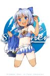  1girl bikini blue_dress blue_eyes blue_hair blush cirno dress dress_removed flower hair_ribbon hidden_star_in_four_seasons highres ice ice_wings looking_at_viewer midriff navel open_mouth plug_(feng-yushu) ribbon round_teeth short_hair smile solo striped_bikini_top sunflower swimsuit tan tanline teeth text touhou wings 