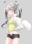  1girl ahoge arm_at_side asashimo_(kantai_collection) black_shorts breasts comah cowboy_shot gradient_hair green_eyes grey_hair grin hair_over_one_eye hand_on_hip kantai_collection long_hair long_sleeves looking_at_viewer midriff multicolored_hair navel ponytail purple_hair shirt shorts small_breasts smile striped striped_shirt unbuttoned 