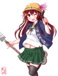  1girl 2017 black_legwear brown_hair clothes_writing dated green_skirt hair_ornament hammer happi hardhat helmet highres japanese_clothes kanon_(kurogane_knights) kantai_collection kisaragi_(kantai_collection) logo long_hair looking_at_viewer navel one_eye_closed pleated_skirt saw school_uniform serafuku simple_background skirt solo thigh-highs translated violet_eyes white_background 
