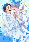  2boys ^_^ alcohol black_hair blue_rose bodysuit brown_eyes champagne champagne_flute closed_eyes cup drinking_glass epaulettes flower hair_slicked_back hands_together head_wreath katsuki_yuuri male_focus multiple_boys naruko_(nalcoro) open_mouth petals rose silver_hair smile sparkle viktor_nikiforov yuri!!!_on_ice 