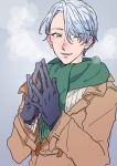  1boy black_gloves blue_eyes coat gloves hair_over_one_eye hands_together male_focus naruko_(nalcoro) scarf silver_hair smile viktor_nikiforov yuri!!!_on_ice 
