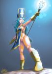  1girl blue_hair bodysuit boots breasts dragon_quest dragon_quest_iii gloves hat highres hori_shin long_hair medium_breasts mitre open_mouth orange_bodysuit priest_(dq3) red_eyes sideboob skin_tight solo standing tabard 