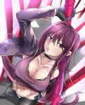  1girl black_bra bra breasts casual chestnut_mouth choker cleavage fate/grand_order fate_(series) from_above gloves groin heart heart_necklace highres kd long_hair looking_at_viewer medium_breasts midriff navel parted_lips polearm purple_hair red_eyes scathach_(fate/grand_order) solo spear underwear weapon 