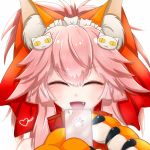  1girl :3 animal_ears bell bell_collar cellphone closed_eyes collar fangs fate/grand_order fate_(series) fox_ears hair_ribbon heart long_hair lytlennier open_mouth paws phone pink_hair ribbon simple_background smartphone solo tamamo_(fate)_(all) tamamo_cat_(fate) white_background 